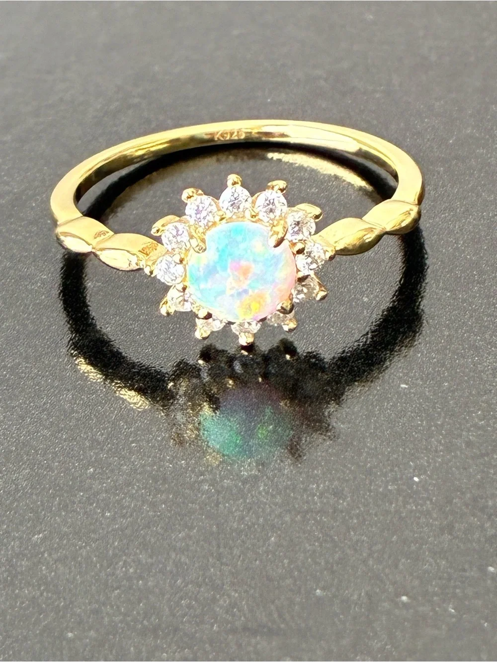 925 Sterling Silver Gold Tone  Opal Halo Ring Sz 9- White Opal